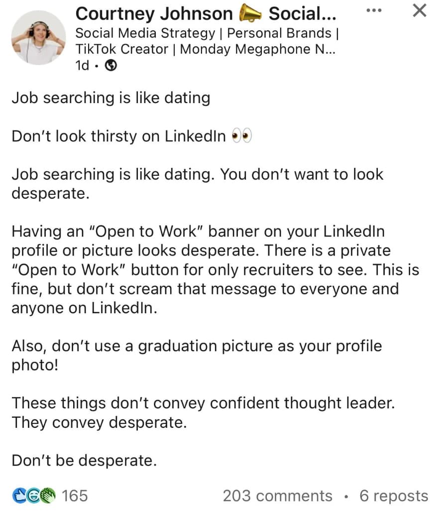 document - Courtney Johnson Social... Social Media Strategy | Personal Brands | TikTok Creator | Monday Megaphone N... 1d Job searching is dating Don't look thirsty on LinkedIn Job searching is dating. You don't want to look desperate. Having an "Open to 